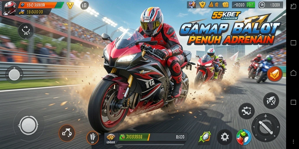 Tampilan gameplay mendebarkan dari 55KBET dengan balap motor cepat.