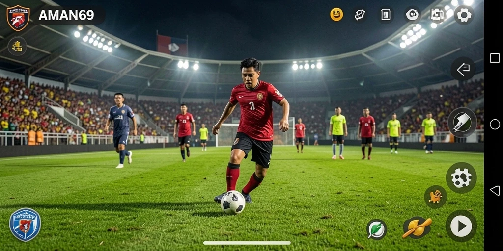 Tampilan gameplay <strong>AMAN69</strong> yang menampilkan aksi pertandingan sepak bola yang mendebarkan.
