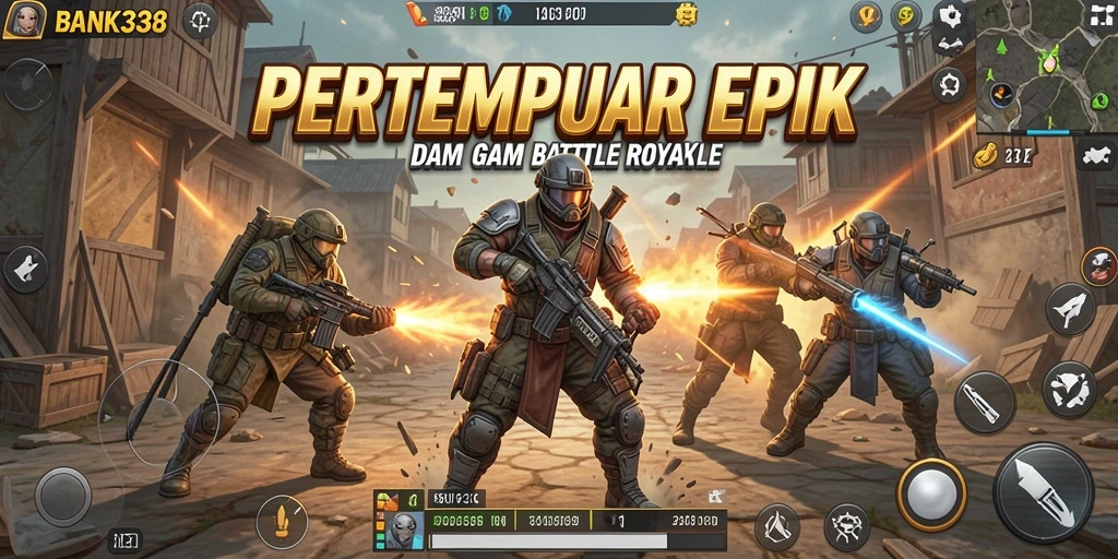 Screenshot utama BANK338 menampilkan aksi pertempuran Battle Royale yang intens.