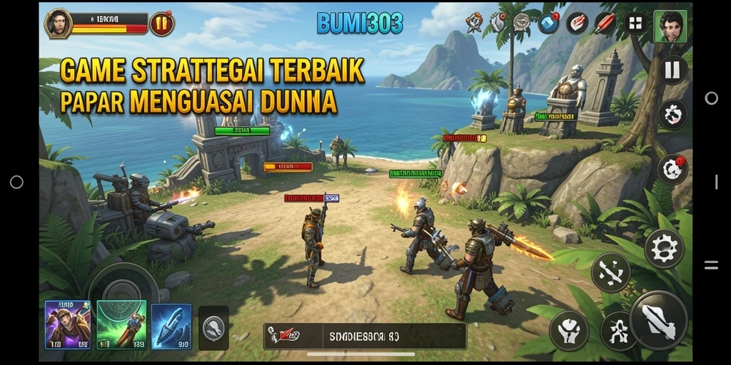 Tampilan menarik dari gameplay strategis BUMI303 saat membangun dan berperang.