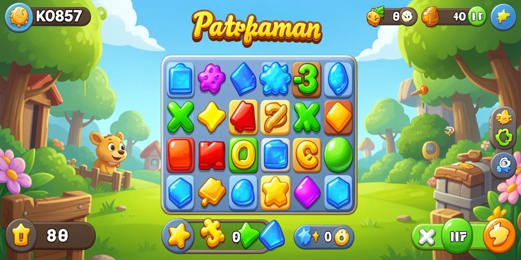 Tampilan gameplay Match-3 yang penuh warna dan seru.