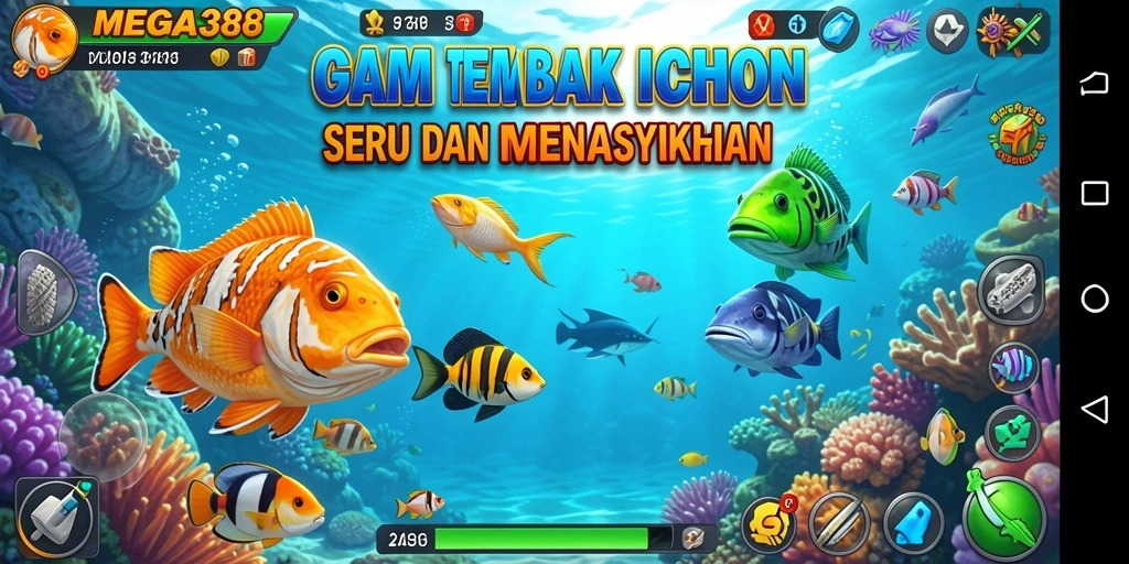Screenshot gameplay MEGA388 menampilkan suasana menangkap ikan yang seru.