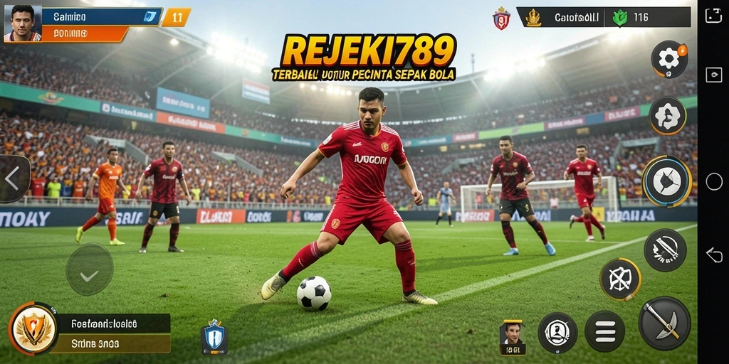 Screenshot permainan REJEKI789 yang menunjukkan aksi permainan sepak bola.