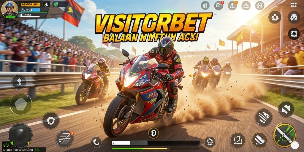 Tampilan gameplay VISITORBET menampilkan balapan motor yang intens dan mendebarkan.